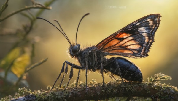 outdoors, wings, artist name, blurry, tree, no humans, depth of field, animal, watermark, bug, plant, butterfly, realistic, antennae, beetle