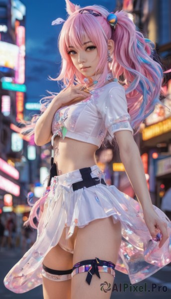 1girl,solo,long hair,breasts,looking at viewer,bangs,blue eyes,skirt,shirt,hair ornament,navel,animal ears,twintails,jewelry,medium breasts,underwear,blue hair,standing,panties,white shirt,pink hair,short sleeves,multicolored hair,cowboy shot,hairband,earrings,small breasts,outdoors,parted lips,pussy,midriff,belt,miniskirt,nail polish,blurry,lips,crop top,see-through,thigh strap,night,blurry background,ring,white skirt,see-through skirt,smile,closed mouth,swimsuit,bikini,thighs,pleated skirt,choker,artist name,hand up,necklace,from side,grey eyes,depth of field,white bikini,piercing,realistic,nose,cleft of venus