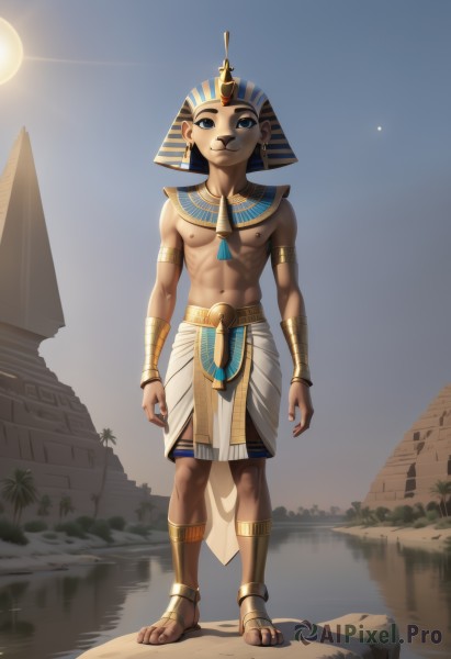 solo,looking at viewer,smile,blue eyes,black hair,1boy,navel,jewelry,closed mouth,nipples,standing,full body,male focus,earrings,outdoors,sky,water,tree,muscular,abs,sandals,pectorals,building,armlet,topless male,palm tree,sun,bracer,egyptian,egyptian clothes,day,bracelet,piercing,usekh collar