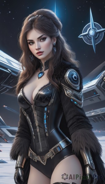 1girl,solo,long hair,breasts,looking at viewer,brown hair,thighhighs,gloves,cleavage,brown eyes,jewelry,medium breasts,closed mouth,standing,cowboy shot,earrings,sky,black gloves,belt,artist name,black thighhighs,armor,mole,leotard,lips,fur trim,mole under eye,makeup,wavy hair,lipstick,gauntlets,gem,black leotard,realistic,nose,red lips,spacecraft,parted lips,choker,signature,necklace,thigh strap,night,star (sky),pendant,eyeshadow,zipper,starry sky,freckles,science fiction,feather trim,crystal earrings