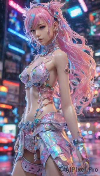 1girl,solo,long hair,breasts,looking at viewer,bangs,blue eyes,skirt,hair ornament,gloves,navel,cleavage,bare shoulders,jewelry,medium breasts,standing,pink hair,cowboy shot,hairband,earrings,midriff,fingerless gloves,blurry,lips,thigh strap,blurry background,piercing,ring,science fiction,realistic,navel piercing,closed mouth,swimsuit,bikini,multicolored hair,outdoors,shiny,armor,bracelet,night,bridal gauntlets,bikini armor,cyberpunk,neon lights