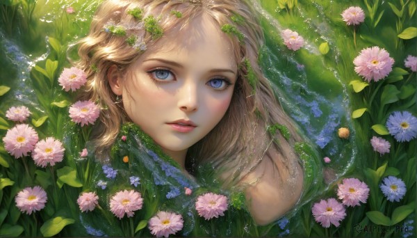 HQ,1girl,solo,long hair,looking at viewer,blue eyes,blonde hair,hair ornament,jewelry,flower,earrings,outdoors,parted lips,water,lips,eyelashes,leaf,grass,plant,portrait,partially submerged,freckles,realistic,blush,watermark,nature,pink flower,lily pad