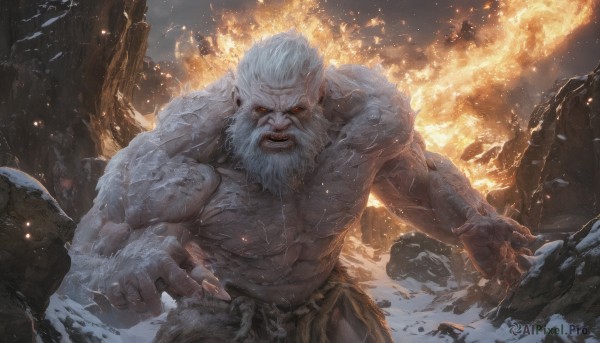 solo,looking at viewer,red eyes,1boy,navel,white hair,male focus,outdoors,teeth,pointy ears,fingernails,muscular,glowing,colored skin,facial hair,scar,abs,fire,pectorals,muscular male,glowing eyes,beard,snow,veins,topless male,rock,snowing,mature male,fighting stance,realistic,mustache,sharp fingernails,manly,old,old man,loincloth,embers,molten rock,chest hair