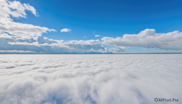 monochrome,outdoors,sky,day,cloud,water,blue sky,no humans,ocean,cloudy sky,scenery,blue theme,horizon,landscape,above clouds