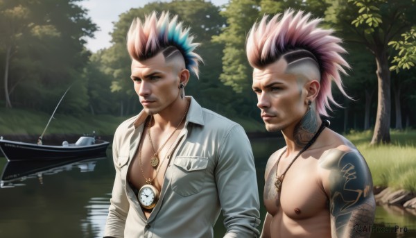 short hair,shirt,black hair,1boy,jewelry,closed mouth,nipples,blue hair,white shirt,upper body,pink hair,male focus,multicolored hair,earrings,outdoors,multiple boys,open clothes,day,2boys,water,necklace,two-tone hair,tree,tattoo,muscular,facial hair,piercing,pectorals,muscular male,spiked hair,ear piercing,nature,bara,beard,reflection,topless male,watch,realistic,wristwatch,arm tattoo,watercraft,undercut,river,chest tattoo,boat,lake,smile,blue eyes,collared shirt,artist name,looking at another,open shirt,siblings,abs,mohawk