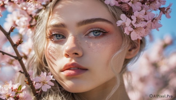 1girl, solo, long hair, looking at viewer, blue eyes, blonde hair, flower, parted lips, teeth, day, blurry, lips, eyelashes, depth of field, cherry blossoms, portrait, close-up, freckles, realistic, nose, branch