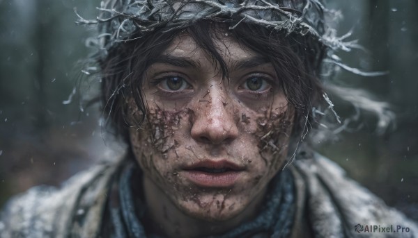 1girl,solo,looking at viewer,short hair,brown hair,black hair,brown eyes,parted lips,blurry,lips,depth of field,blurry background,portrait,snow,freckles,snowing,realistic,straight-on,dirty,dirty face,bangs,scarf,close-up,nose