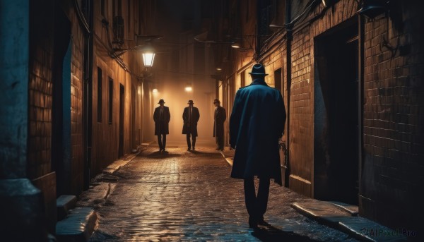 hat,standing,male focus,multiple boys,pants,indoors,from behind,coat,shadow,black pants,3boys,scenery,walking,4boys,door,light,lamp,dark,hallway,alley,outdoors,2boys,window,night,formal,building,road,5boys,lamppost,street,trench coat,industrial pipe,vanishing point