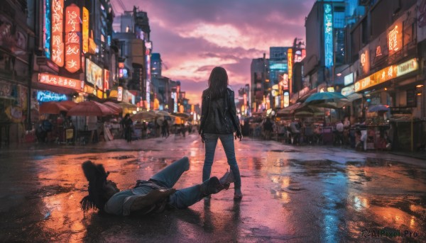 1girl,long hair,brown hair,black hair,long sleeves,standing,jacket,boots,outdoors,lying,multiple boys,sky,solo focus,pants,cloud,hood,on back,water,from behind,black footwear,black jacket,night,umbrella,cloudy sky,denim,ground vehicle,building,scenery,motor vehicle,reflection,rain,6+boys,sunset,jeans,city,sign,facing away,car,road,cityscape,street,evening,leather jacket,puddle,neon lights,multiple girls,shirt,shoes,bag,scarf,blurry,lamppost,twilight,city lights,people