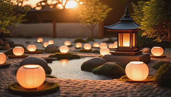 outdoors,water,blurry,tree,no humans,night,leaf,plant,scenery,lantern,rock,light,lamp,architecture,east asian architecture,paper lantern,stone lantern,depth of field,building,reflection,bush,stone,pond