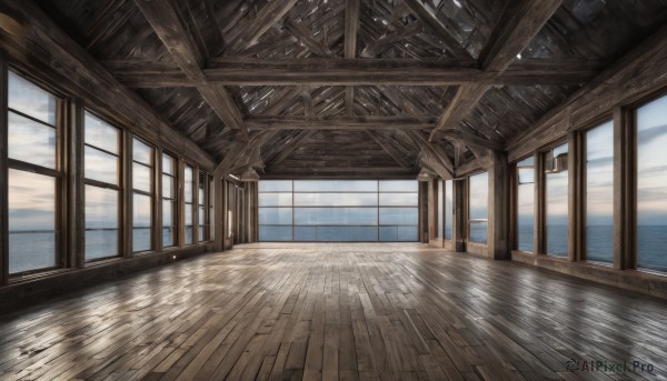 sky,day,cloud,indoors,water,blue sky,no humans,window,sunlight,cloudy sky,scenery,wooden floor,door,architecture,sliding doors,east asian architecture,outdoors,ocean,horizon