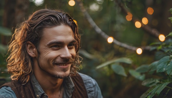 solo,smile,brown hair,shirt,black hair,1boy,brown eyes,upper body,male focus,outdoors,collared shirt,medium hair,blurry,black eyes,vest,depth of field,blurry background,facial hair,leaf,thick eyebrows,blue shirt,plant,portrait,beard,curly hair,realistic,mustache,open mouth,teeth,grin,nature,stubble