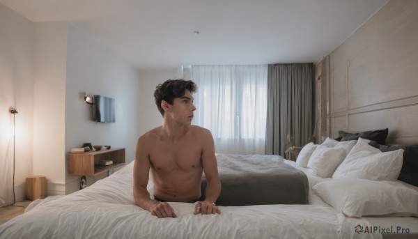 solo,short hair,brown hair,black hair,1boy,navel,sitting,closed mouth,nipples,collarbone,male focus,indoors,pillow,window,bed,bed sheet,on bed,pectorals,curtains,topless male,realistic,blanket,lamp,bedroom,under covers,looking to the side,facial hair,looking away,toned male,desk lamp