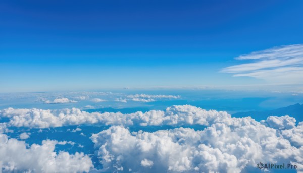 monochrome,outdoors,sky,day,cloud,blue sky,no humans,ocean,cloudy sky,scenery,blue theme,mountain,horizon,landscape,above clouds,water,island