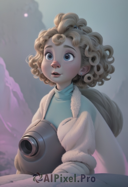 1girl,solo,short hair,blue eyes,blonde hair,jewelry,upper body,earrings,parted lips,lips,coat,fur trim,glowing,looking up,robot,curly hair,nose,stud earrings,looking afar,open mouth,gloves,teeth,turtleneck,freckles,camera,holding camera