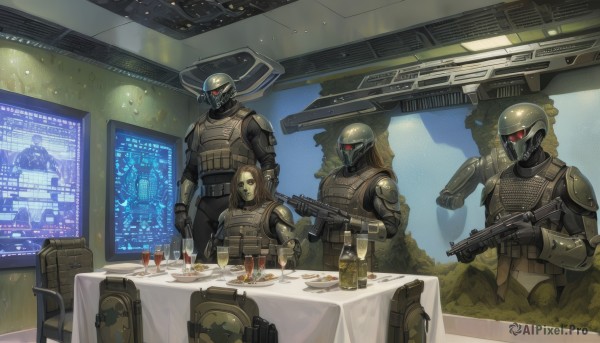 red eyes,holding,standing,weapon,male focus,food,multiple boys,indoors,2boys,holding weapon,armor,cup,gun,military,mask,chair,table,3boys,helmet,robot,shoulder armor,holding gun,mecha,rifle,handgun,plate,alcohol,drinking glass,science fiction,glass,assault rifle,wine glass,alien,power armor,bullpup,power suit,1girl,gloves,sitting,bottle,knife,6+boys,5boys,submachine gun,wine,cyberpunk,tablecloth