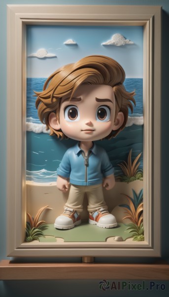 solo,looking at viewer,short hair,brown hair,shirt,long sleeves,1boy,brown eyes,closed mouth,standing,full body,male focus,outdoors,sky,shoes,collared shirt,pants,cloud,indoors,water,chibi,window,ocean,beach,grass,blue shirt,sneakers,child,clenched hands,door,horizon,male child,brown pants,waves,shore,doorway,1girl,smile,open mouth,parted lips,day,sand,shell,picture frame,seashell