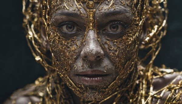 1girl,solo,looking at viewer,1boy,brown eyes,closed mouth,grey hair,male focus,parted lips,blurry,lips,depth of field,black background,portrait,close-up,reflection,realistic,straight-on,gold,teeth,shiny,armor,facial hair,helmet,gold armor