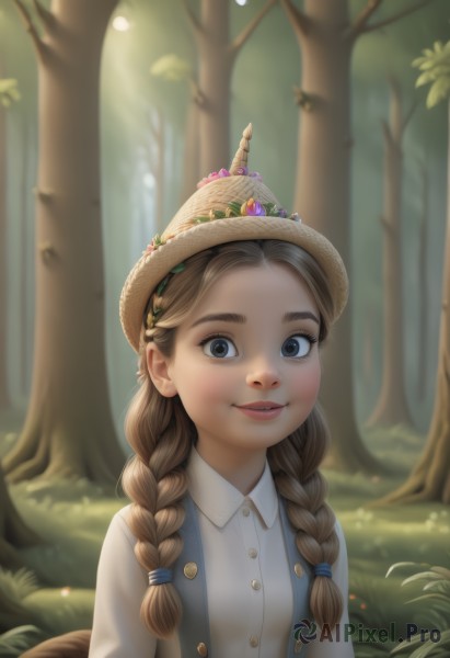 1girl,solo,long hair,breasts,looking at viewer,smile,blue eyes,brown hair,shirt,long sleeves,hat,twintails,white shirt,upper body,braid,flower,small breasts,outdoors,parted lips,day,collared shirt,artist name,blurry,vest,twin braids,tree,lips,buttons,depth of field,blurry background,sunlight,grass,nature,hair over shoulder,forest,freckles,hair tie,straw hat,hat flower,open mouth,bangs,dress,teeth,thick eyebrows,gem,nose