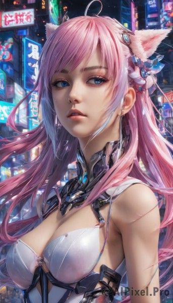 1girl,solo,long hair,breasts,looking at viewer,bangs,blue eyes,large breasts,hair ornament,animal ears,cleavage,bare shoulders,jewelry,medium breasts,upper body,pink hair,ahoge,earrings,outdoors,parted lips,cat ears,lips,detached collar,night,city,flower,shiny,hair flower,eyelashes,makeup,feathers,building,science fiction,realistic,nose,cyberpunk,neon lights