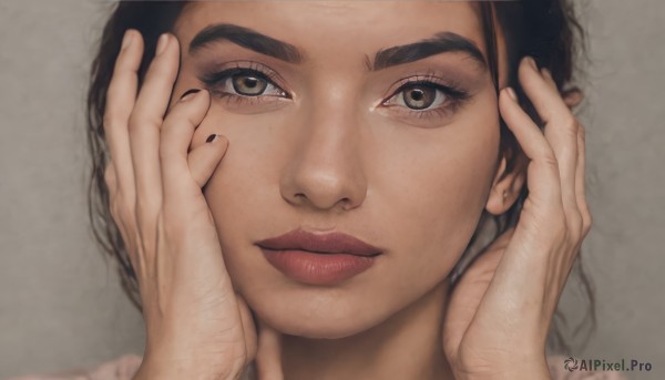 1girl,solo,looking at viewer,short hair,simple background,black hair,brown eyes,closed mouth,grey background,lips,hands up,eyelashes,thick eyebrows,portrait,close-up,realistic,nose,hands on own face,hands on own cheeks,brown hair,mole