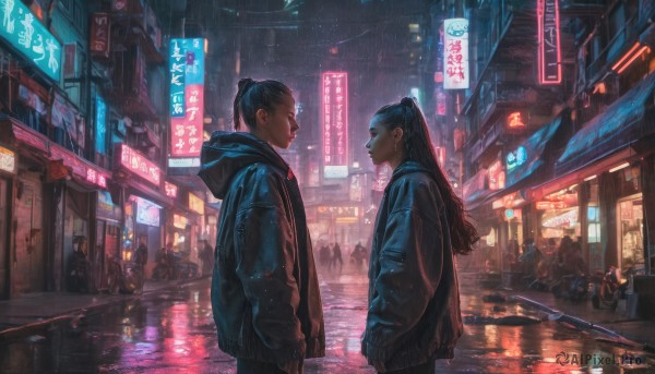 1girl, long hair, multiple girls, black hair, jewelry, jacket, ponytail, earrings, outdoors, hood, night, building, scenery, rain, city, sign, realistic, road, street, cyberpunk, neon lights