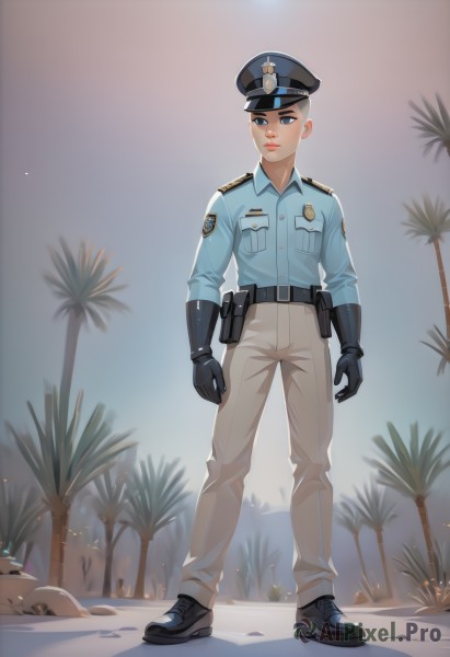 1girl,solo,looking at viewer,short hair,blue eyes,shirt,gloves,long sleeves,hat,closed mouth,standing,full body,outdoors,shoes,black gloves,collared shirt,belt,pants,artist name,black footwear,uniform,tree,lips,night,watermark,blue shirt,peaked cap,web address,blue headwear,pocket,black belt,pouch,palm tree,breast pocket,holster,very short hair,belt pouch,police,police uniform,policewoman,police hat,sneakers,epaulettes,arms at sides,badge,walkie-talkie