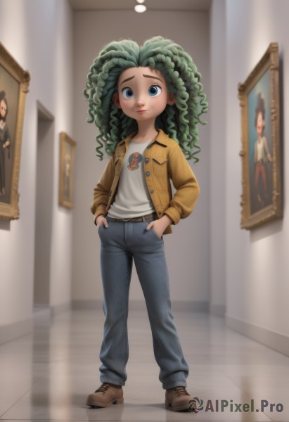 1girl,solo,long hair,looking at viewer,smile,blue eyes,shirt,long sleeves,closed mouth,standing,jacket,full body,white shirt,boots,green hair,open clothes,shoes,belt,pants,indoors,flat chest,open jacket,lips,brown footwear,denim,child,reflection,curly hair,brown jacket,jeans,mirror,hands in pockets,blue pants,tiles,female child,tile floor,yellow jacket