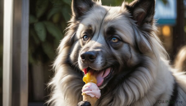 HQ,open mouth,blue eyes,holding,outdoors,food,solo focus,tongue,tongue out,blurry,no humans,depth of field,blurry background,animal,eating,cat,holding food,licking,realistic,ice cream,animal focus,ice cream cone,solo,signature,dog