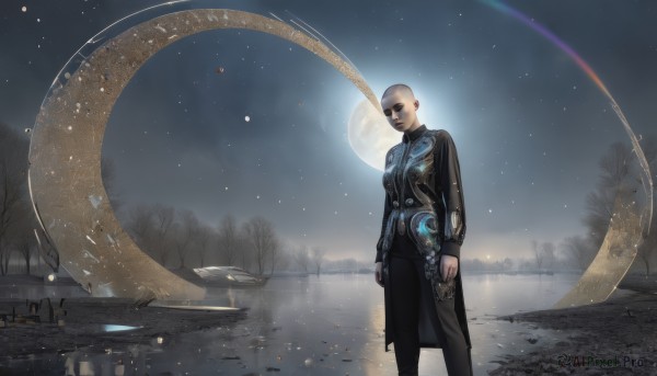 1girl,solo,long sleeves,1boy,standing,male focus,outdoors,sky,pants,water,tree,coat,night,black pants,moon,crescent,star (sky),scenery,full moon,starry sky,reflection,science fiction,bald,crescent moon,bare tree,lake,looking at viewer,belt,black jacket,sunglasses,building,night sky,space,planet