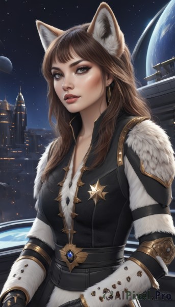 1girl,solo,long hair,breasts,looking at viewer,bangs,brown hair,gloves,animal ears,brown eyes,jewelry,upper body,earrings,parted lips,sky,artist name,armor,mole,lips,animal ear fluff,fur trim,fox ears,makeup,night,moon,gauntlets,star (sky),night sky,starry sky,freckles,red lips,space,planet,earth (planet),medium breasts,black gloves,wolf ears,extra ears,realistic,nose