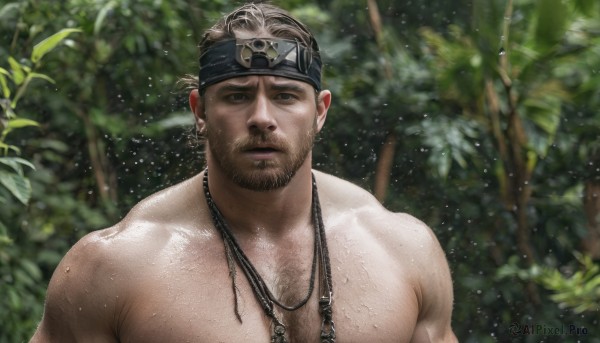 solo,looking at viewer,short hair,brown hair,1boy,jewelry,nipples,upper body,male focus,nude,outdoors,day,necklace,blurry,tree,wet,muscular,blurry background,headband,facial hair,pectorals,muscular male,nature,bara,beard,forest,large pectorals,topless male,water drop,mature male,realistic,mustache,stubble,chest hair,arm hair,hairy,black hair,leaf,scar,sunlight,thick eyebrows,portrait,scar on face,bandana,manly