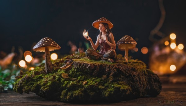 1girl,solo,long hair,brown hair,black hair,hat,holding,bare shoulders,jewelry,sitting,outdoors,barefoot,sleeveless,pants,blurry,sleeveless shirt,night,depth of field,blurry background,grass,nature,rock,fantasy,brown headwear,indian style,mushroom,breasts,shirt,cleavage,vest,plant,scenery,wide shot,on ground