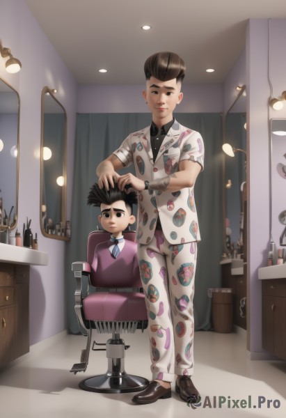 brown hair,shirt,black hair,jewelry,sitting,standing,full body,male focus,multiple boys,necktie,shoes,indoors,2boys,black eyes,chair,formal,suit,curtains,pajamas,mirror,lamp,comb,hairdressing,brushing hair,1girl,smile,1boy,vest,siblings,aged down,child,male child,stool