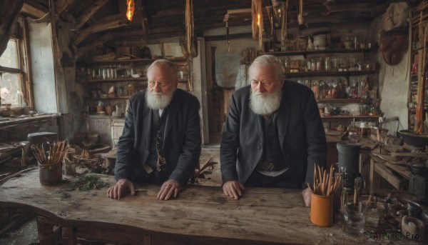 shirt,long sleeves,sitting,jacket,white shirt,white hair,male focus,multiple boys,open clothes,necktie,collared shirt,belt,pants,indoors,2boys,vest,open jacket,cup,black jacket,window,facial hair,chair,formal,table,bottle,suit,fire,plant,black necktie,beard,alcohol,black vest,mustache,bald,old,old man,shelf,jar,wooden table,fireplace,1boy,jewelry,food,necklace,scar,realistic,fantasy,coin,bar (place)