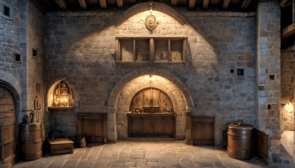 HQ,indoors,no humans,window,sunlight,scenery,lantern,stairs,door,light,candle,wall,brick wall,arch,barrel,candlestand,treasure chest,stone floor,stone wall,fireplace,crate,brick,outdoors,fire,plant,building,fantasy,chimney