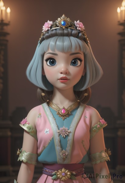 1girl,solo,looking at viewer,short hair,bangs,blue eyes,hair ornament,dress,jewelry,closed mouth,blue hair,upper body,flower,grey hair,parted lips,artist name,hair flower,blunt bangs,necklace,blurry,bracelet,lips,sash,eyelashes,makeup,blurry background,tiara,gem,pink dress,pink flower,armlet,nose,arms at sides,candle,short sleeves,indoors,watermark,floral print,web address,freckles,realistic