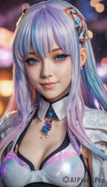 1girl,solo,long hair,breasts,looking at viewer,smile,bangs,blue eyes,hair ornament,cleavage,jewelry,medium breasts,closed mouth,blue hair,upper body,multicolored hair,earrings,artist name,blurry,two-tone hair,lips,eyelashes,detached collar,blurry background,gem,realistic,nose,bokeh,purple hair,sidelocks,shiny,signature,necklace,armor,streaked hair,makeup,depth of field,watermark,light smile,light purple hair