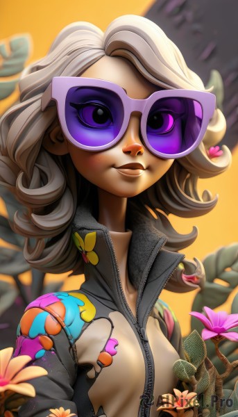 1girl,solo,long hair,breasts,looking at viewer,smile,purple eyes,jacket,upper body,flower,grey hair,small breasts,wings,artist name,hair flower,mole,blurry,lips,eyelashes,bodysuit,makeup,bird,animal,leaf,watermark,sunglasses,bug,plant,lipstick,zipper,freckles,curly hair,high collar,tinted eyewear,purple-tinted eyewear,jewelry,heart,earrings,glasses,web address,nose,purple flower,unzipped,heart-shaped eyewear,purple-framed eyewear