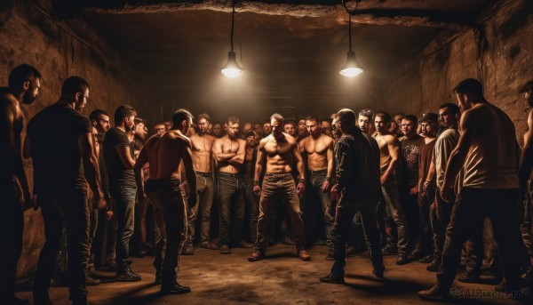 short hair,multiple girls,black hair,hat,weapon,male focus,multiple boys,pants,indoors,muscular,facial hair,abs,6+boys,topless male,realistic,everyone,bald,sepia,chandelier,shirt,jacket,shoes,glasses,mask,crossed arms,sunglasses,tank top,denim,sneakers,beard,jeans