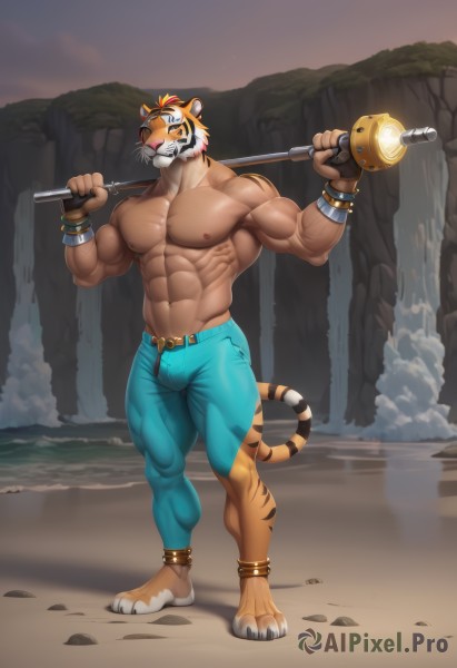 solo,looking at viewer,short hair,1boy,navel,holding,animal ears,jewelry,nipples,standing,tail,full body,weapon,male focus,thighs,outdoors,barefoot,teeth,belt,pants,artist name,water,stomach,bracelet,muscular,thick thighs,abs,thick eyebrows,pectorals,muscular male,wristband,bara,furry,large pectorals,veins,bulge,topless male,jeans,mature male,anklet,blue pants,furry male,tiger ears,tight,body fur,over shoulder,manly,leggings,white fur,tiger tail,weapon over shoulder,biceps,waterfall,whiskers,tiger,brown fur,tight pants,exercise,black fur,cliff,thick arms,tiger boy,leather belt,orange fur,multicolored fur,tiger stripes,veiny arms,sky,cloud,cloudy sky,rock,sand,male swimwear,navel hair