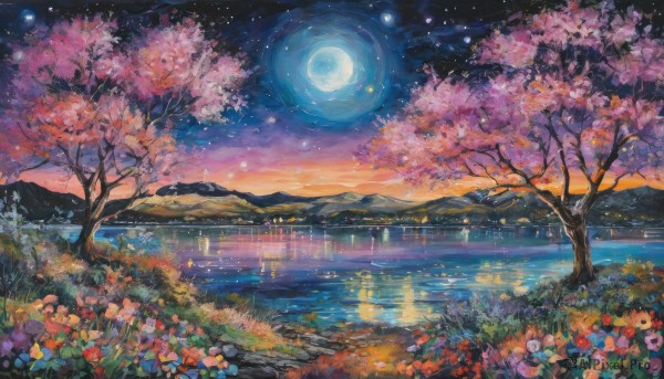 flower,outdoors,sky,cloud,water,tree,petals,no humans,night,moon,grass,cherry blossoms,red flower,star (sky),nature,night sky,scenery,full moon,pink flower,starry sky,reflection,mountain,river,landscape,lake,orange flower,plant,field,mountainous horizon