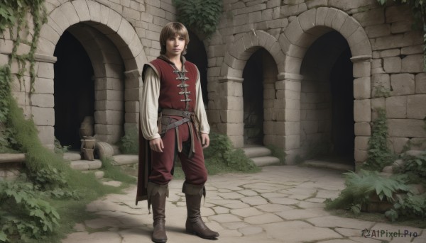 solo,brown hair,1boy,brown eyes,standing,weapon,male focus,boots,belt,sword,cape,plant,ruins,arch,looking at viewer,pants,facial hair,sheath,sheathed,pillar