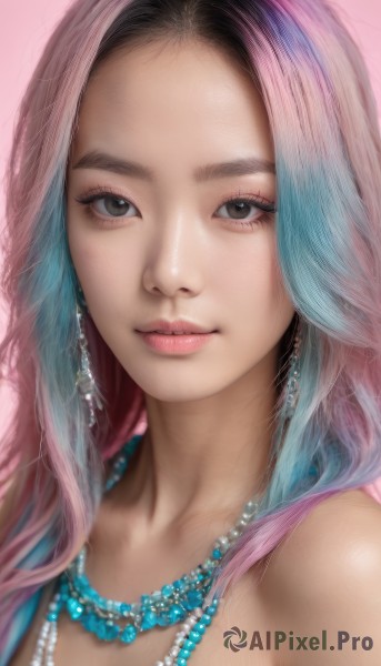 1girl,solo,long hair,looking at viewer,smile,simple background,bare shoulders,brown eyes,jewelry,closed mouth,blue hair,upper body,pink hair,multicolored hair,earrings,necklace,black eyes,two-tone hair,lips,grey eyes,eyelashes,gradient hair,makeup,pink background,portrait,close-up,forehead,beads,realistic,nose,pearl necklace,parted lips