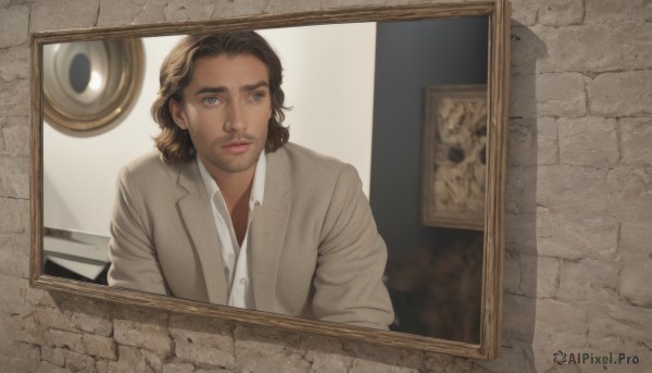 solo,looking at viewer,brown hair,shirt,1boy,brown eyes,closed mouth,jacket,white shirt,upper body,male focus,collared shirt,indoors,medium hair,lips,looking to the side,grey eyes,facial hair,formal,beard,realistic,grey jacket,stubble,wall,photo (object),open clothes,dress shirt,labcoat,animification