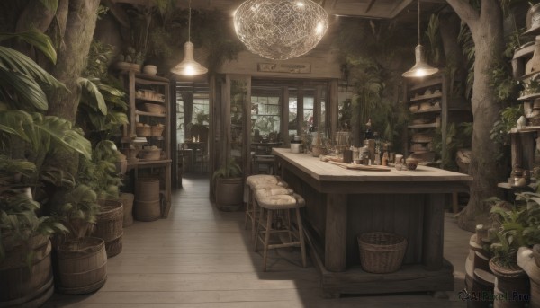 day,indoors,tree,cup,no humans,window,chair,table,sunlight,bottle,plant,scenery,plate,drinking glass,wooden floor,basket,potted plant,lamp,stool,shelf,jar,ceiling,light bulb,counter,ceiling light,chandelier,book,bookshelf,candle