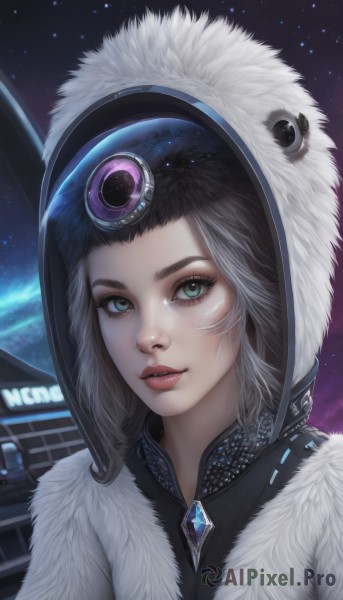 1girl,solo,looking at viewer,smile,blue eyes,jewelry,closed mouth,green eyes,upper body,grey hair,sky,artist name,signature,hood,aqua eyes,lips,coat,fur trim,eyelashes,makeup,night,lipstick,gem,portrait,star (sky),eyeshadow,hood up,starry sky,realistic,nose,winter clothes,red lips,space,parka,black hair,parted lips,watermark,web address,freckles,science fiction,eyeliner,mascara