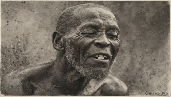 solo,1boy,monochrome,greyscale,male focus,teeth,facial hair,traditional media,clenched teeth,portrait,beard,realistic,mustache,bald,manly,old,old man,wrinkled skin,closed eyes,signature,scar,sepia,brown theme