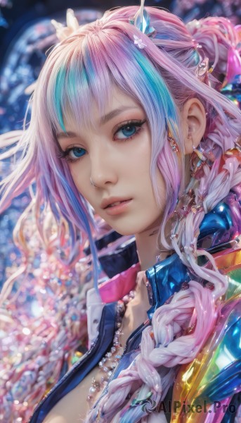 1girl,solo,long hair,breasts,looking at viewer,bangs,blue eyes,large breasts,hair ornament,cleavage,jewelry,blue hair,upper body,pink hair,braid,multicolored hair,earrings,parted lips,artist name,necklace,blurry,lips,streaked hair,eyelashes,single braid,makeup,depth of field,blurry background,crown,portrait,realistic,nose,jacket,purple hair,white hair,sidelocks,gradient hair,gem,crystal