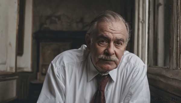 solo,looking at viewer,shirt,1boy,closed mouth,white shirt,upper body,white hair,grey hair,male focus,necktie,collared shirt,indoors,blurry,black eyes,facial hair,red necktie,realistic,mustache,old,old man,wrinkled skin,long sleeves,dress shirt,beard,horror (theme),real life insert